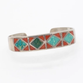 Impeccable Touch Romantic Feature Navajo Handmade Sterling Silver Turquoise Coral Cuff Bracelet (Hallmark Unknown)