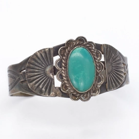 Navajo Handmade Sterling Silver Turquoise Cuff Bracelet (Hallmark Unknown) All Time Graceful Twist