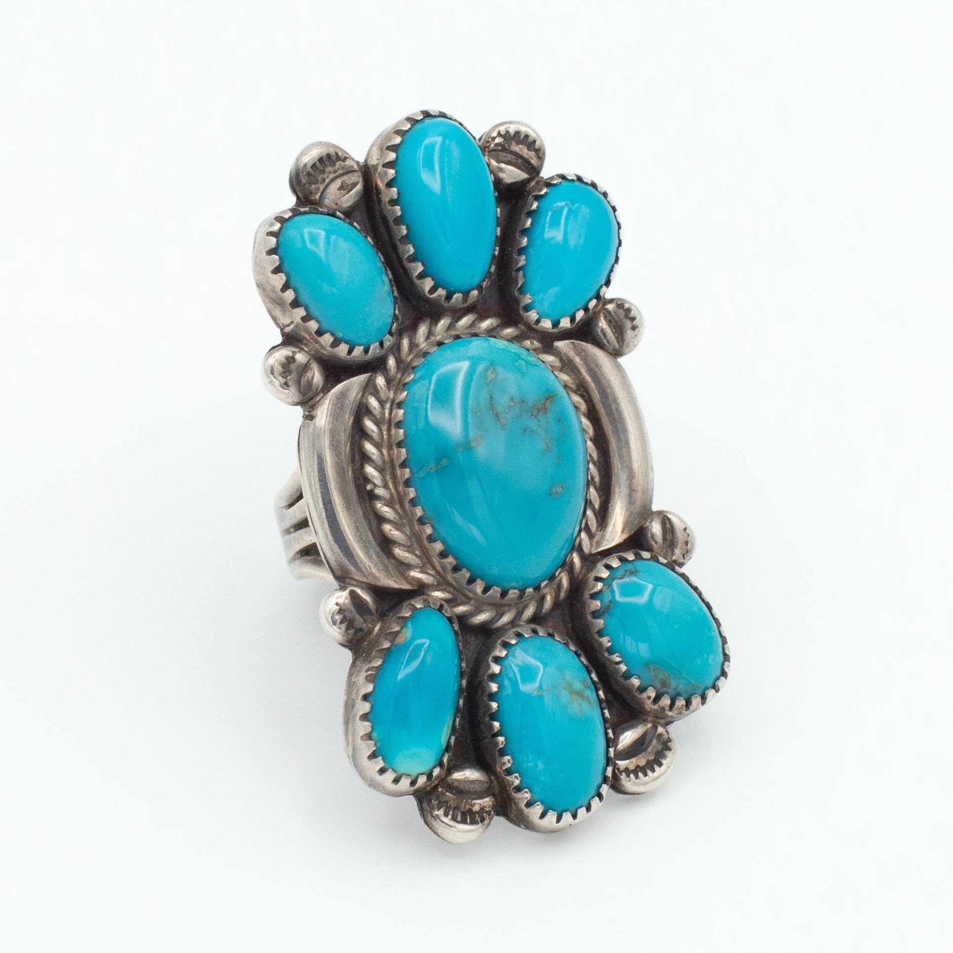 Navajo Handmade Sterling Silver Turquoise Ring (Hallmark Unknown) (Size 6.5) Vogue Style Formal Set