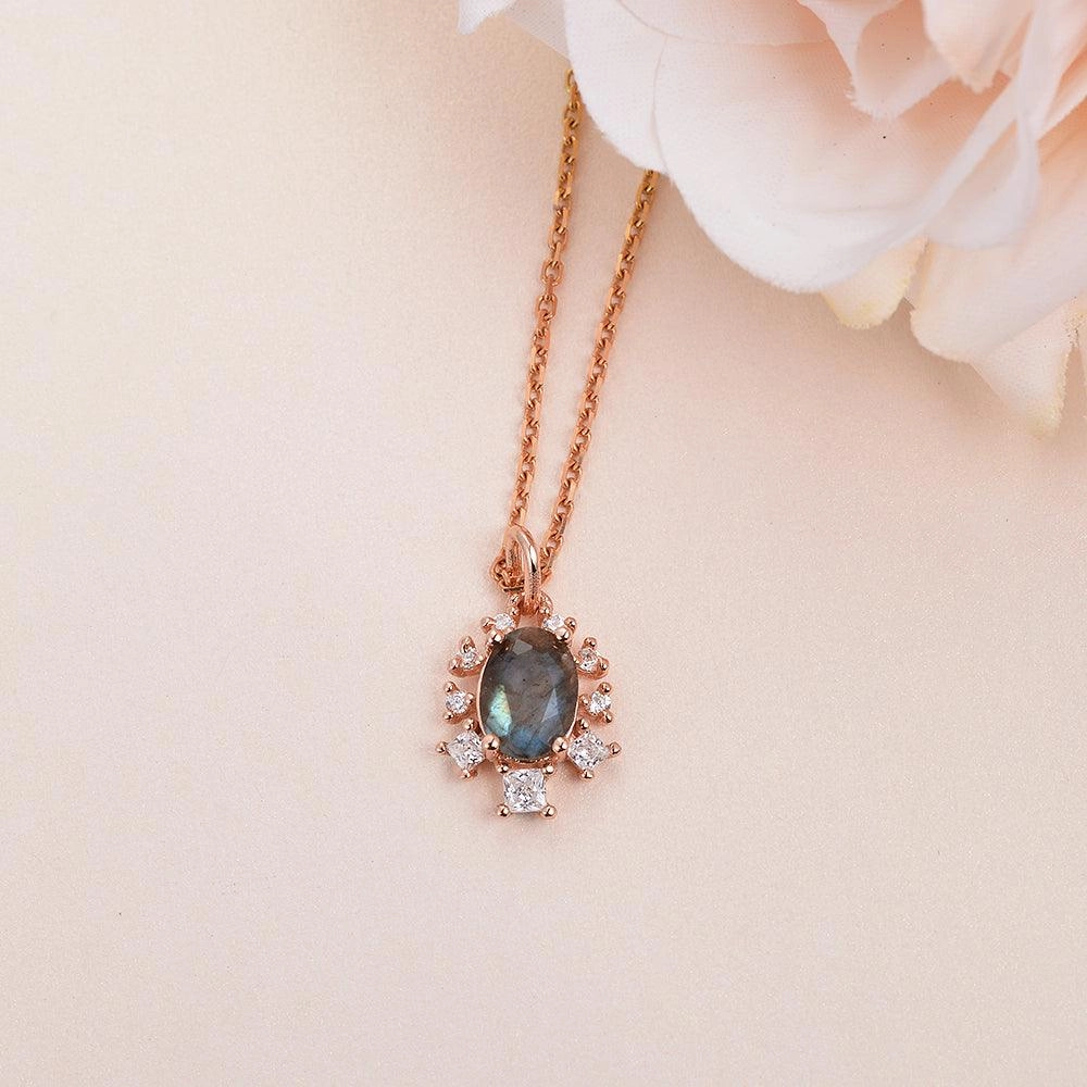 Chic Shine Luxurious Finish Oval Cut Labradorite & Moissanite Rose Gold Necklace