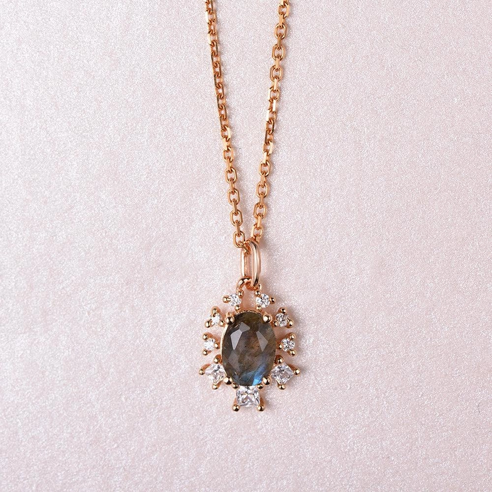 Balanced Feature Oval Cut Labradorite & Moissanite Rose Gold Necklace