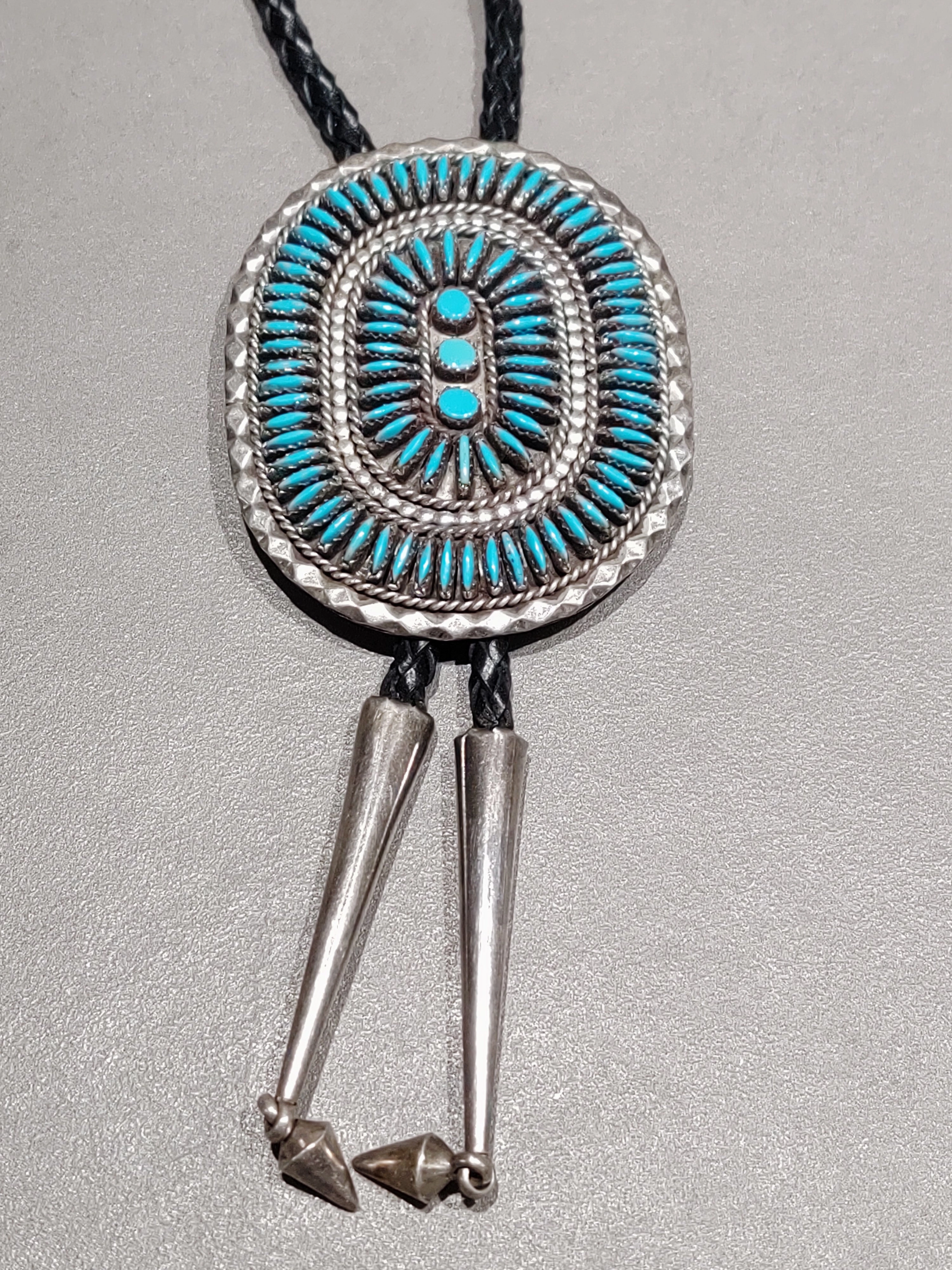 Classic Spark Needlepoint Turquoise Sterling Silver Bolo - Handmade Native American