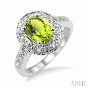 Silver Oval Shape Peridot & Diamond Ring Handsome Trinket Shiny Detail