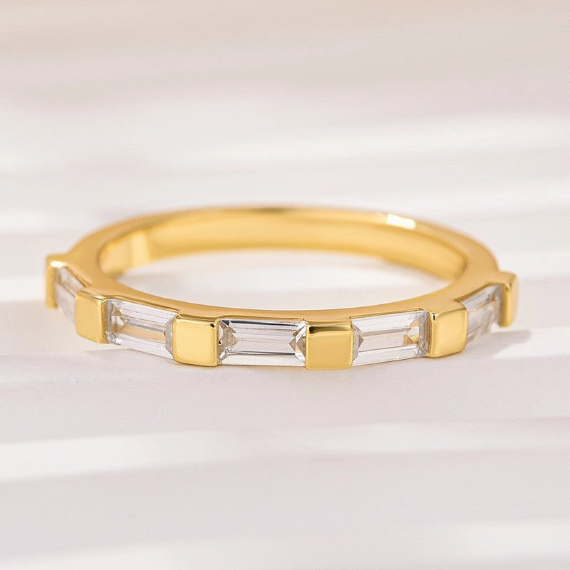 Noble Emerald Cut Yellow Gold Half Wedding Band In Sterling Silver Everyday Highlight