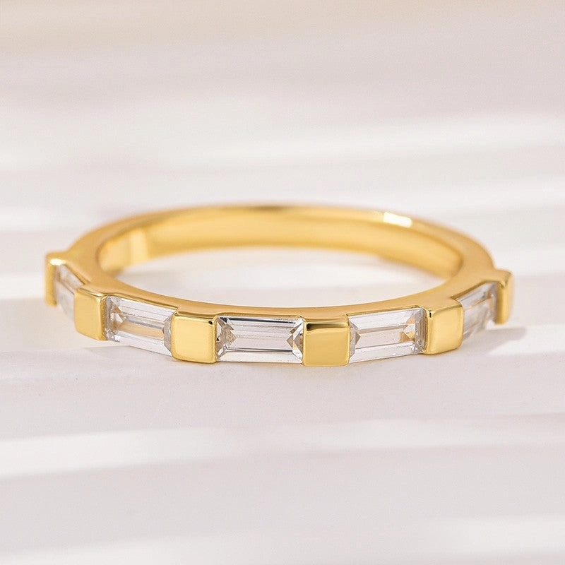 Noble Emerald Cut Yellow Gold Half Wedding Band In Sterling Silver Sophisticated Design Textured Detail