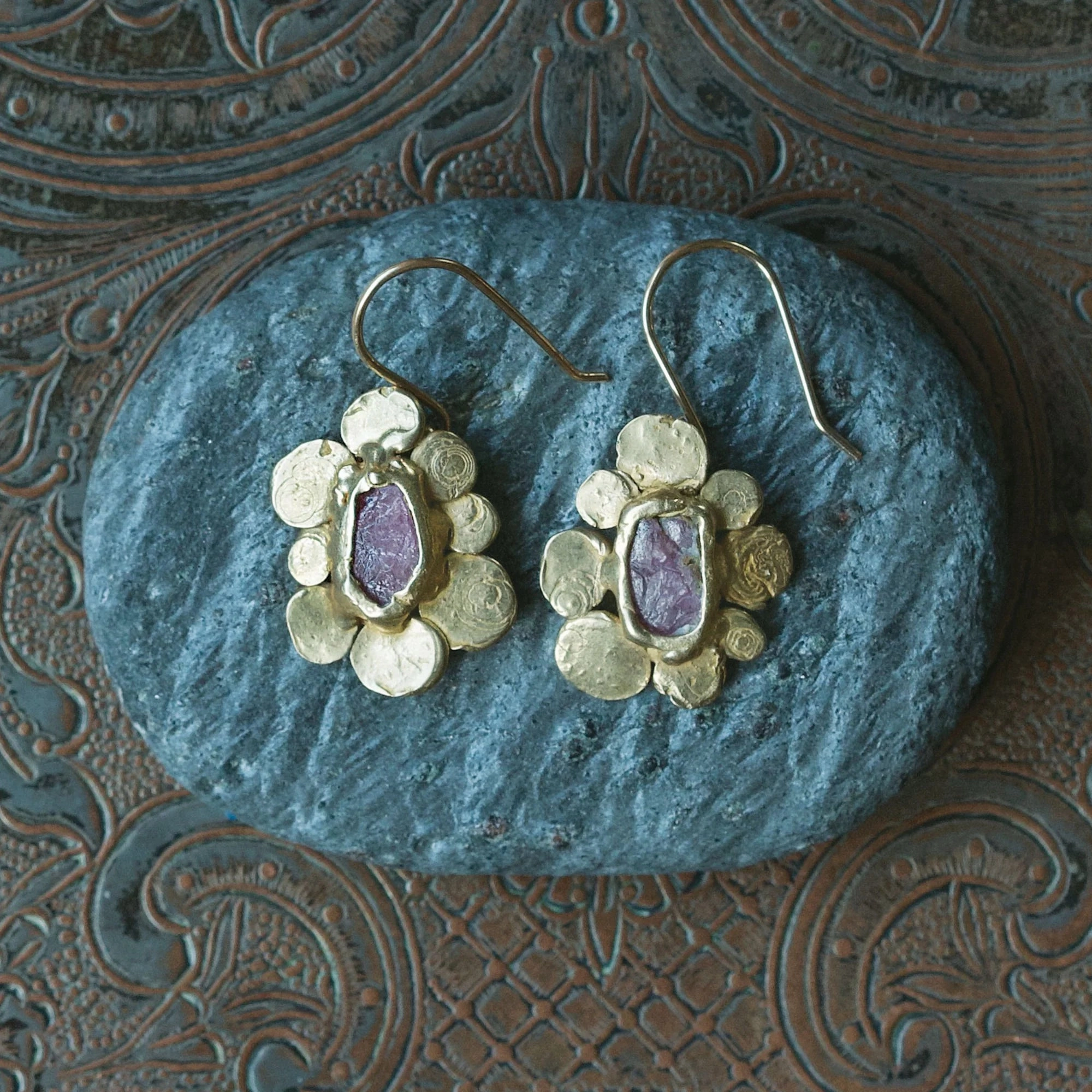 Vanity Earrings - Brass, 14k Gold-Fill   Ruby Polygonal Accessory