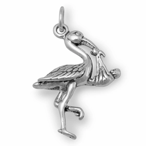 Modern Appeal Stork with Baby Charm Sterling Silver, Made in the USA