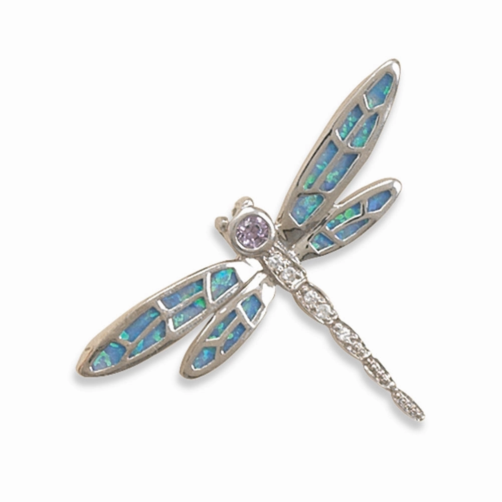 Dragonfly Pendant Synthetic Blue Opal Inlay and Cubic Zirconia Accents Sterling Silver, Pendant Only Radiant Craftwork