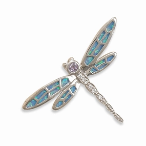 Dragonfly Pendant Synthetic Blue Opal Inlay and Cubic Zirconia Accents Sterling Silver, Pendant Only Radiant Craftwork