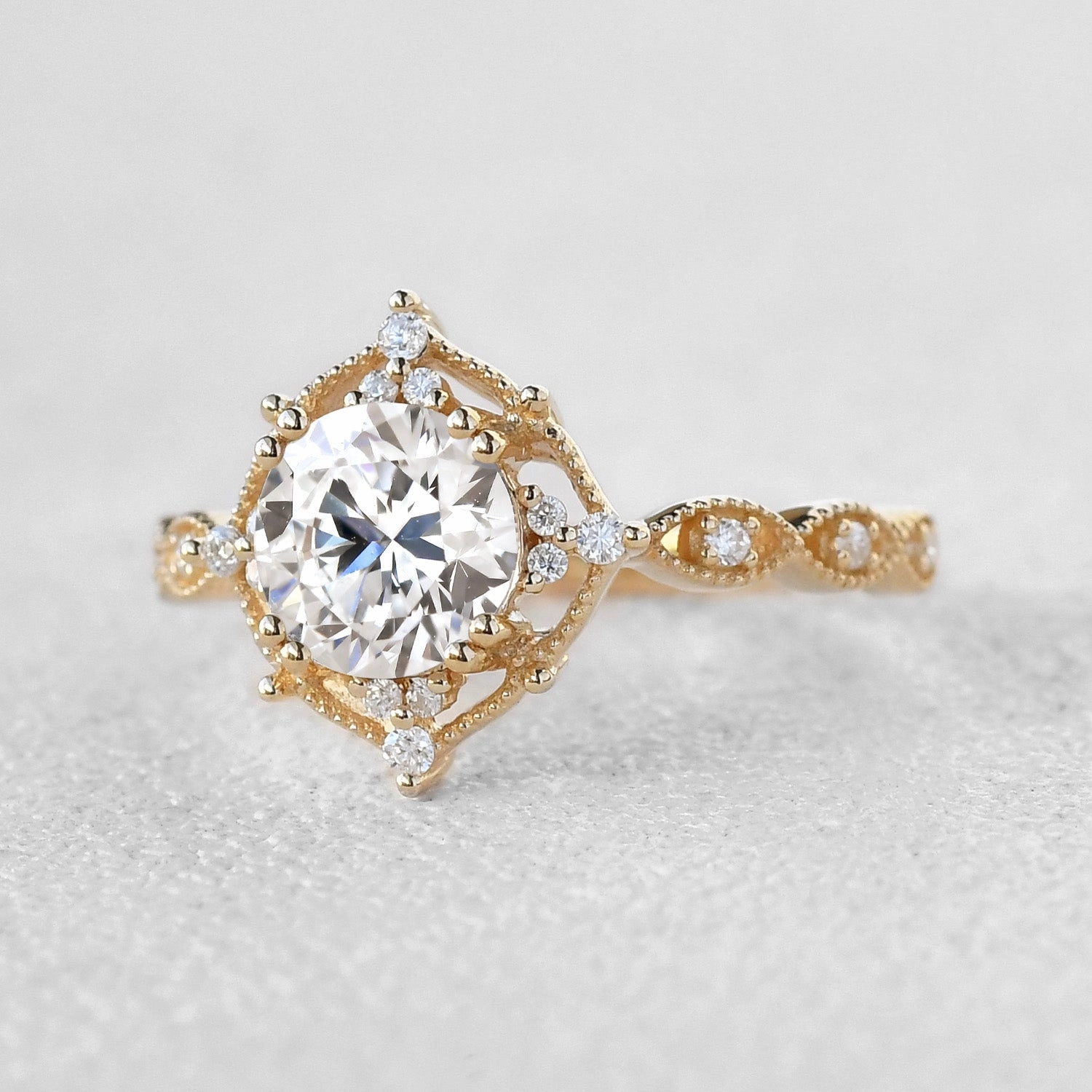 1.0ct Round Cut Signature Vintage Engagement Ring Balanced Detail Showstopper Look