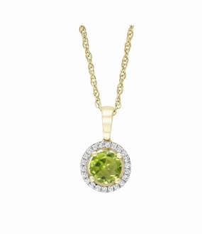 Bremer Jewelry 14K Yellow Gold Round Shape Peridot and Diamonds Halo Pendant with a 14K Yellow Gold Cable Link Necklace (0.57ctw) Gleaming Finish