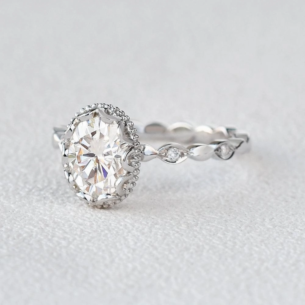 Artisan Glam Oval Cut Moissanite Halo Milgrain Ring