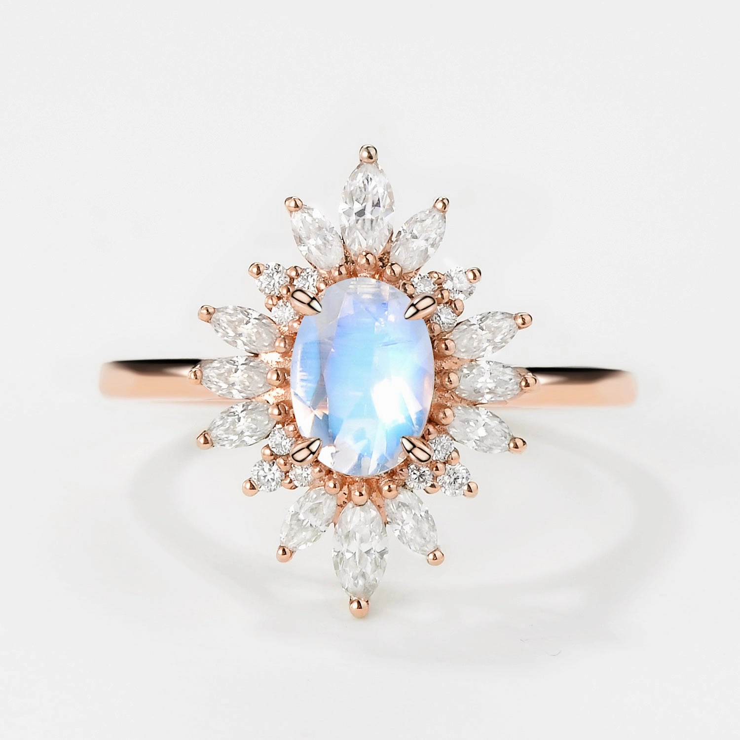 Chic Spark Oval Moonstone Flower Inspired Halo Ring