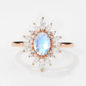 Effortless Design Fashion Trend Oval Moonstone Flower Inspired Halo Ring