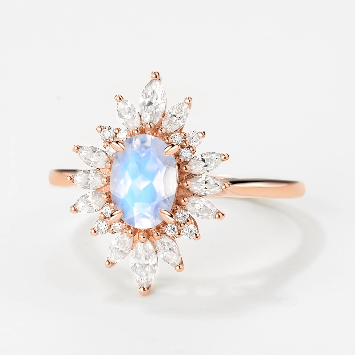 Distinctive Piece Glam Day Oval Moonstone Flower Inspired Halo Ring