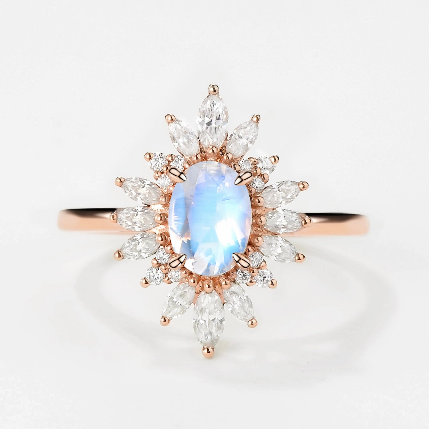 Effortless Design Fashion Trend Oval Moonstone Flower Inspired Halo Ring