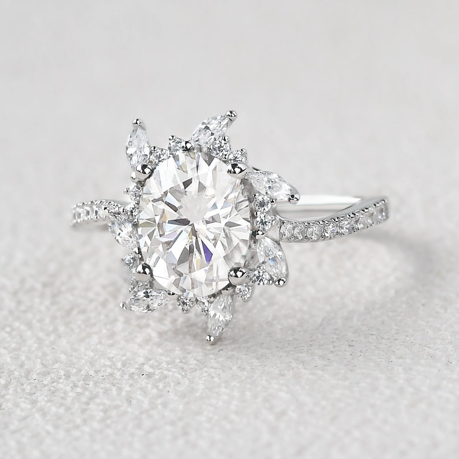 Oval Moss Agate & Moissanite Halo White Gold Engagement Ring Model Shot Handmade Jewelry