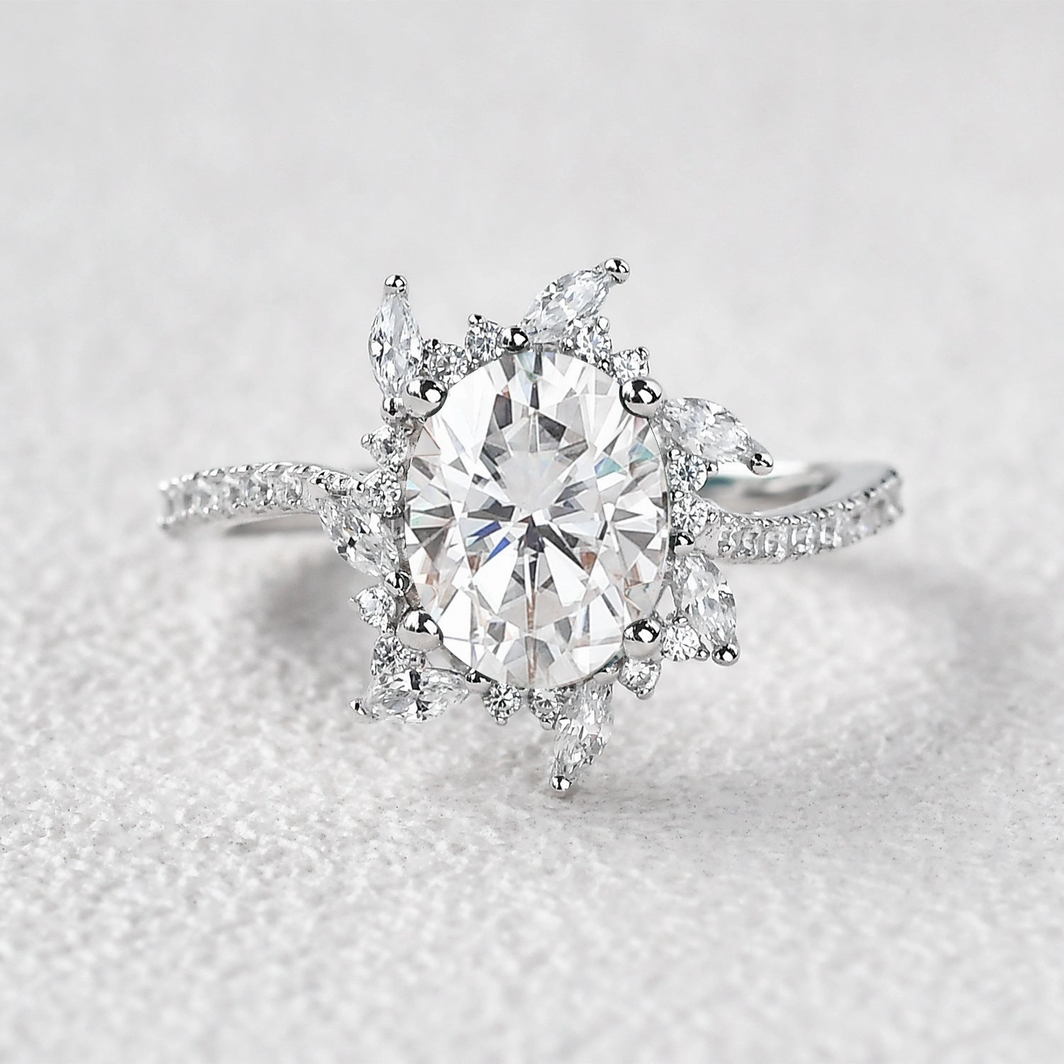 Oval Moss Agate & Moissanite Halo White Gold Engagement Ring Stunning Style Refined Elegance