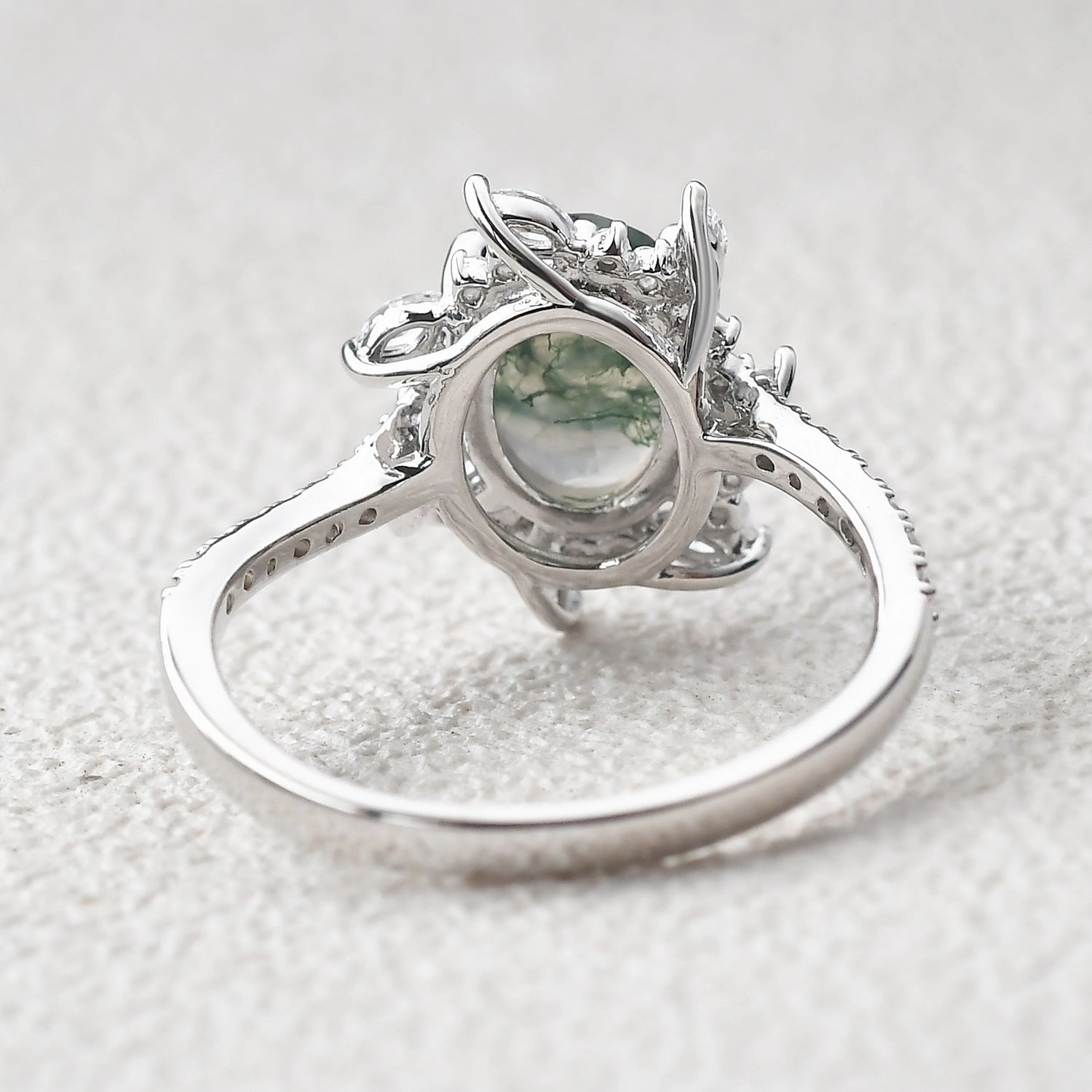 Shimmer Effect Precious Gem Oval Moss Agate & Moissanite Halo White Gold Engagement Ring