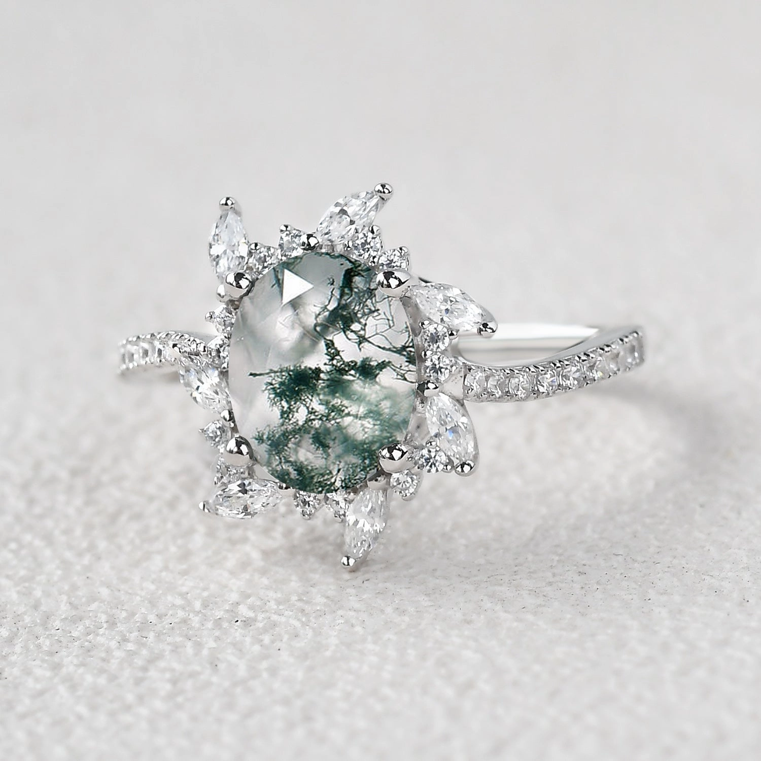Shiny Gifts Oval Moss Agate & Moissanite Halo White Gold Engagement Ring