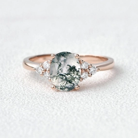 Polished Detail Oval Moss Agate Classic Cluster Engagement Ring - Aurora