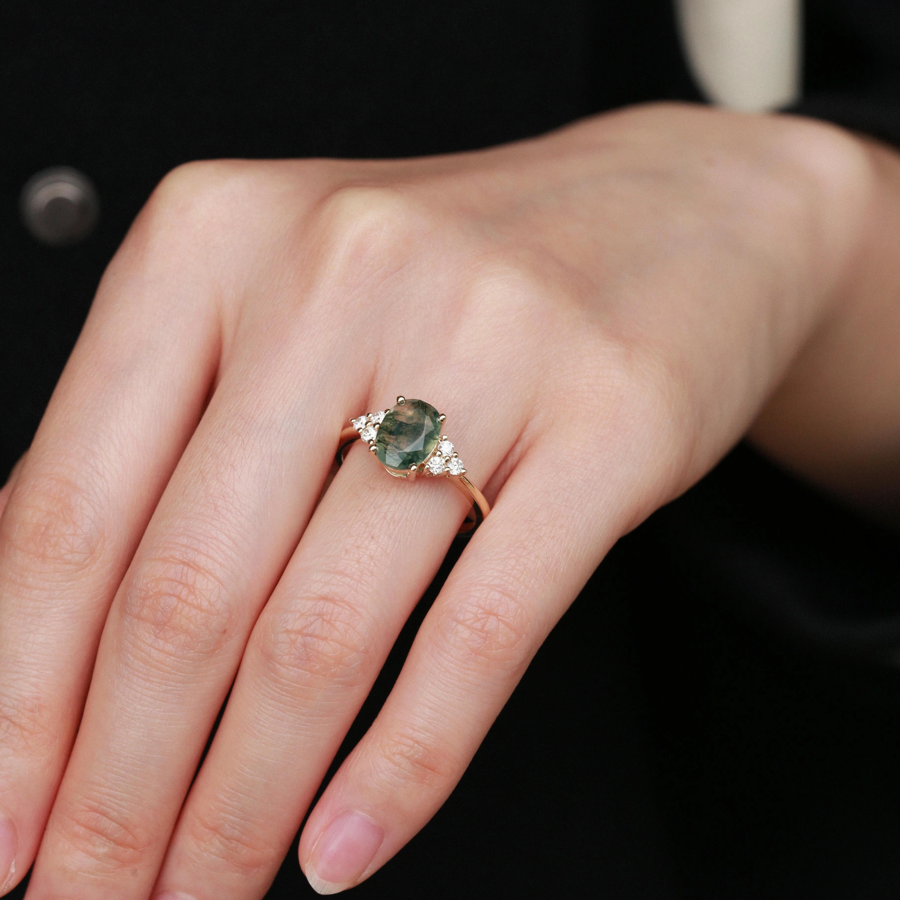 Oval Moss Agate Classic Cluster Engagement Ring - Aurora Modern Spark