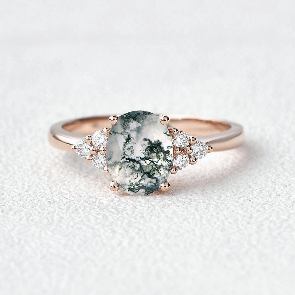 Polished Detail Oval Moss Agate Classic Cluster Engagement Ring - Aurora