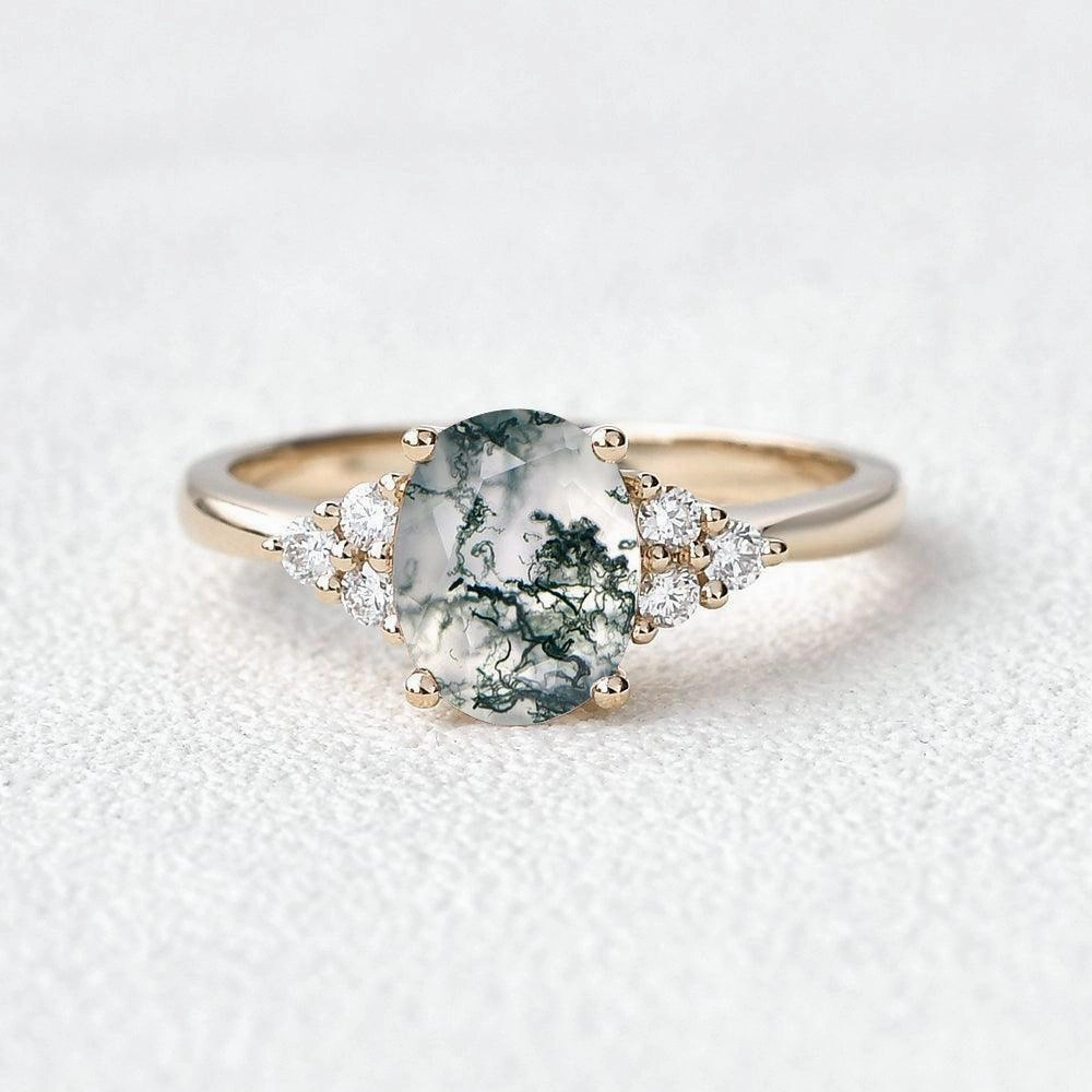 Oval Moss Agate Classic Cluster Engagement Ring - Aurora Artisan Piece