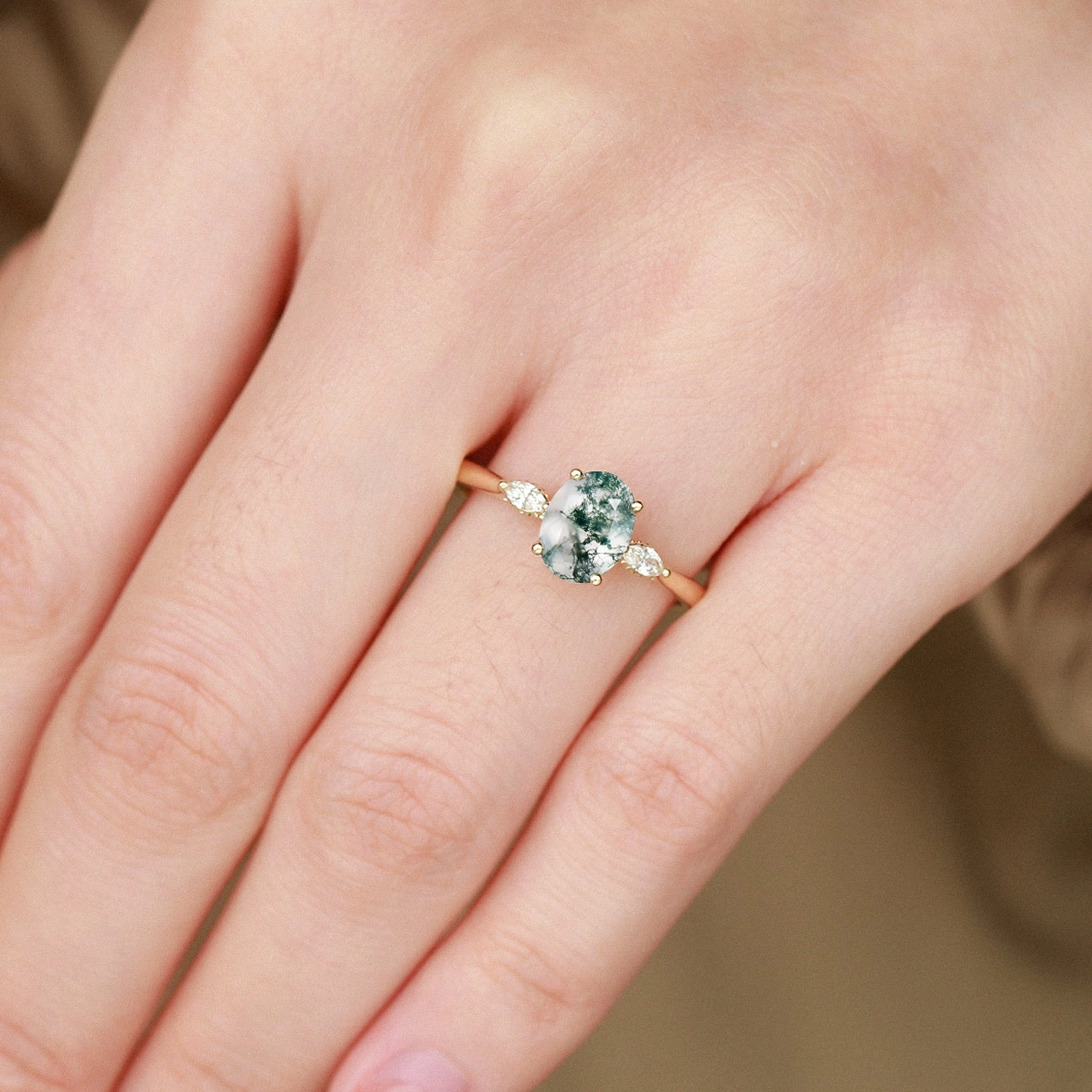 Iconic Feature Oval Moss Agate Hidden Halo Three Stone Engagement Ring