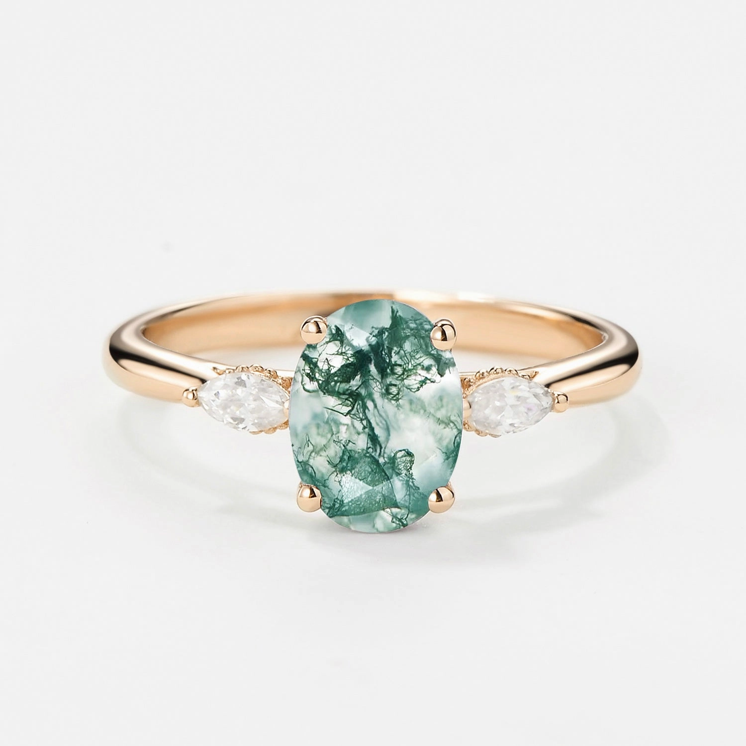 Vibrant Jewelry Shine Finish Minimalist Look Oval Moss Agate Hidden Halo Three Stone Engagement Ring