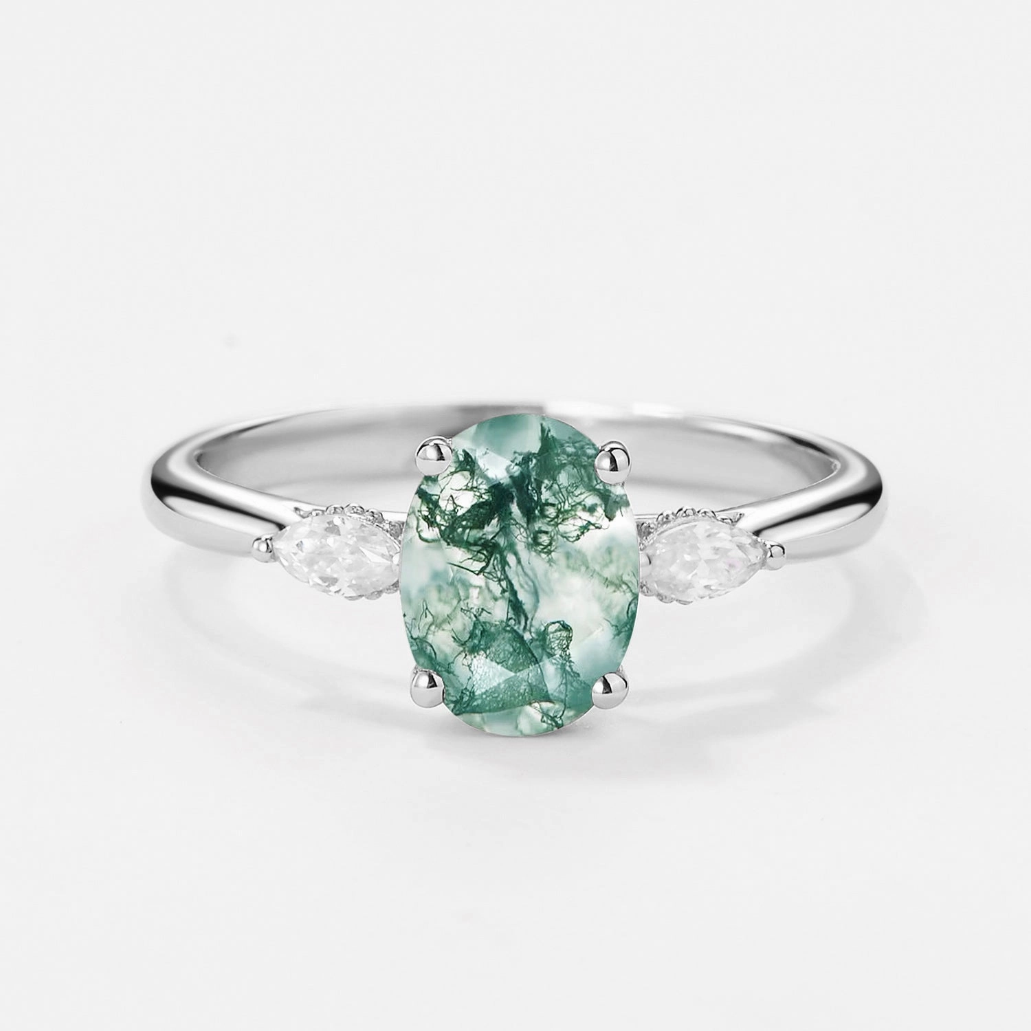 Vivid Edge Oval Moss Agate Hidden Halo Three Stone Engagement Ring
