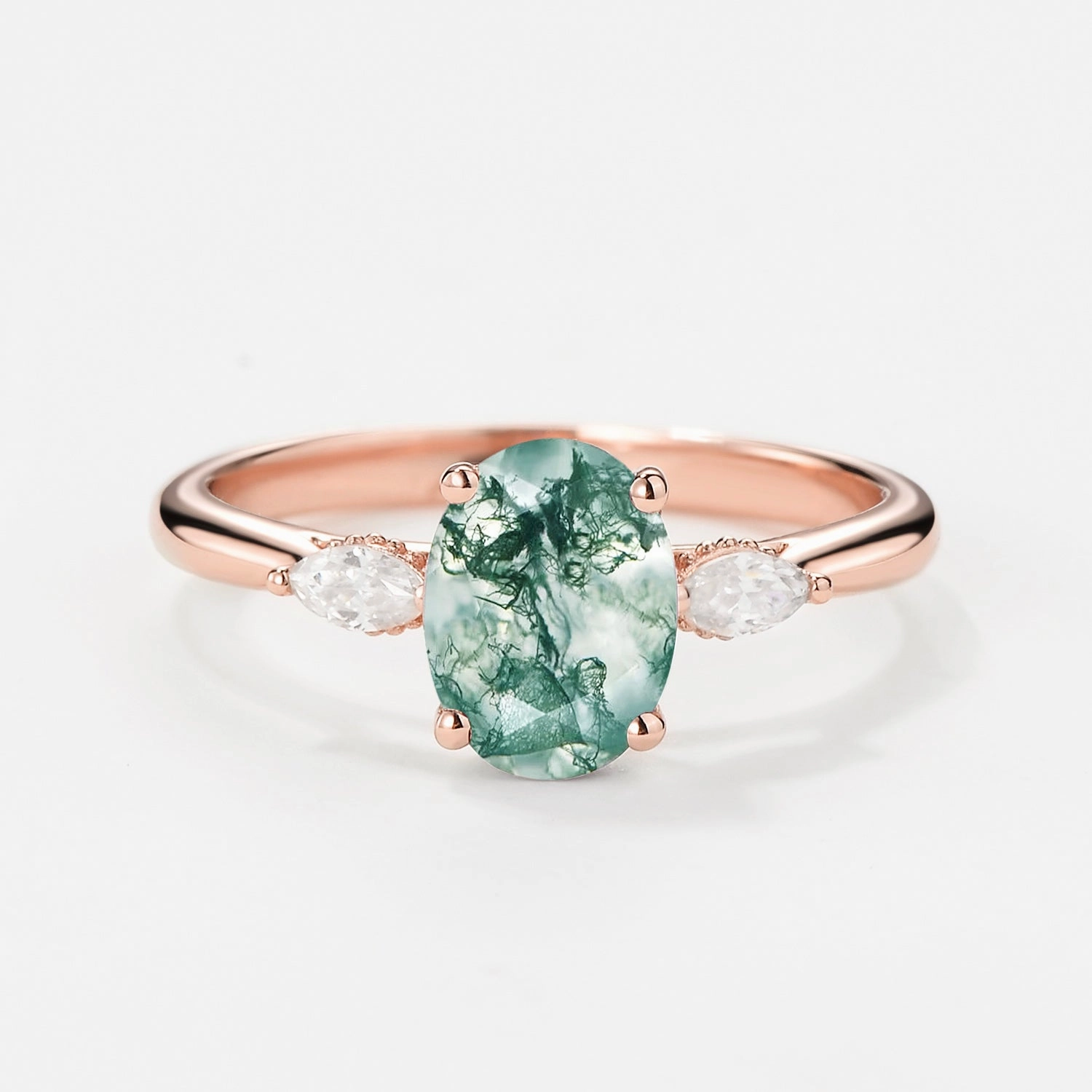 Oval Moss Agate Hidden Halo Three Stone Engagement Ring Finest Form Dainty Accessory