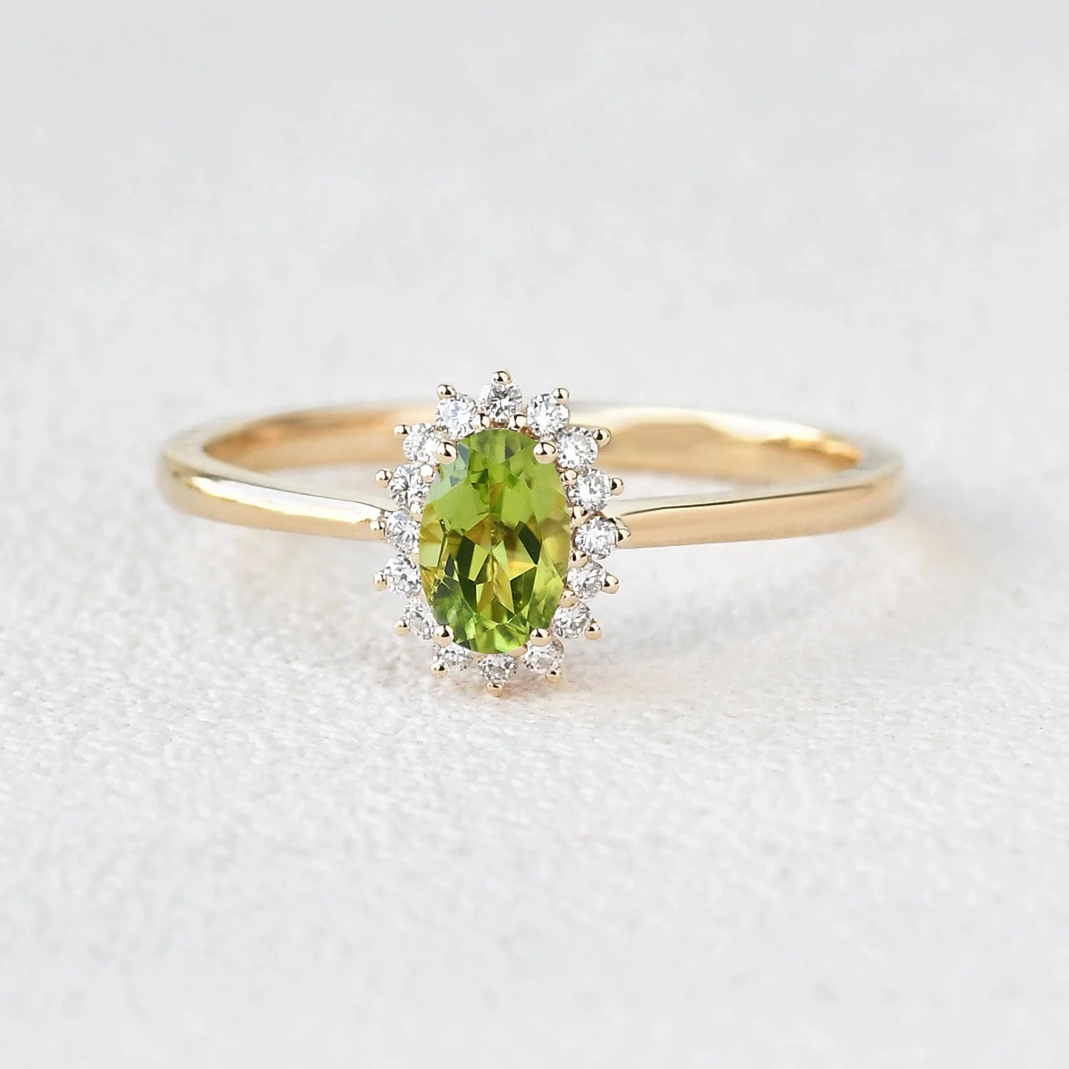 Classic Layers Evening Wear Oval Peridot & Moissanite Halo Engagement Ring