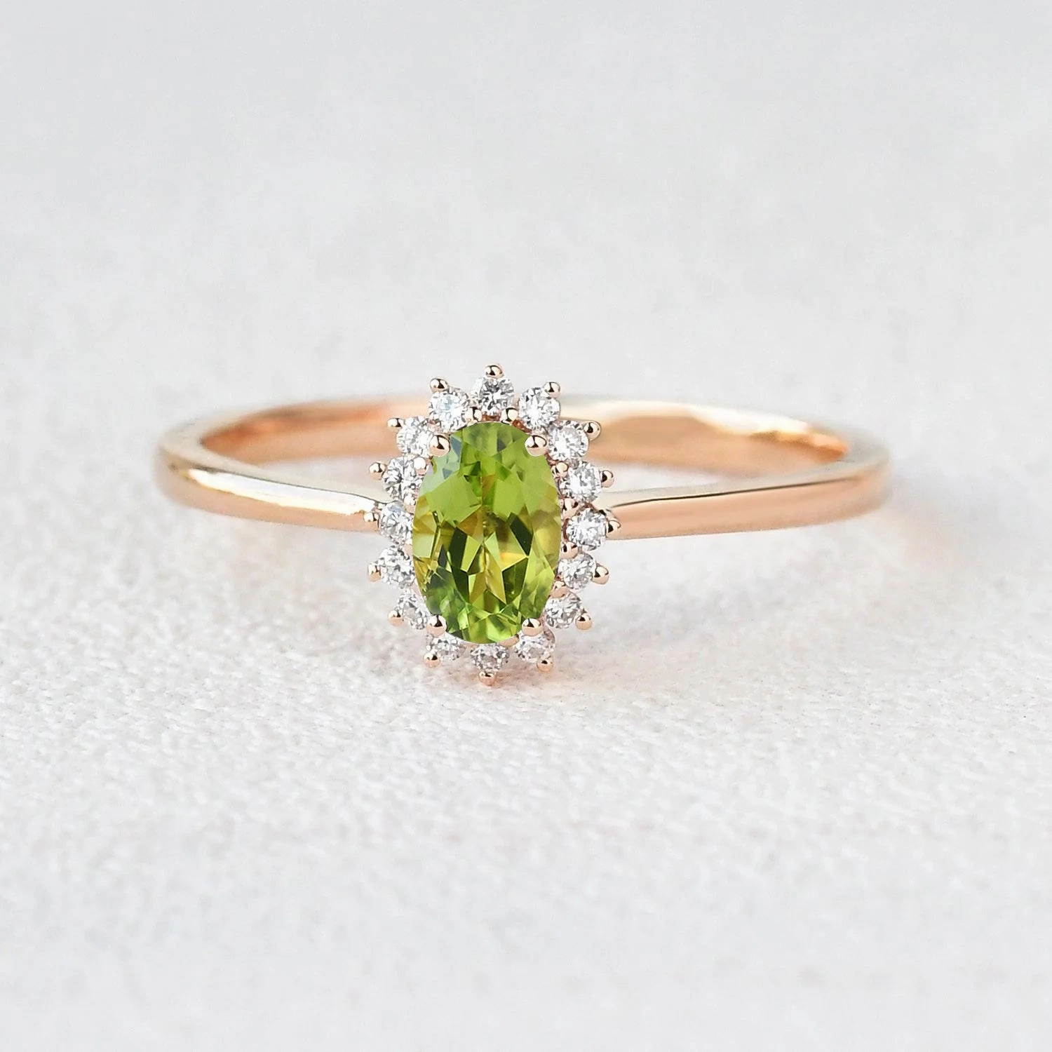 Feminine Edge Oval Peridot & Moissanite Halo Engagement Ring