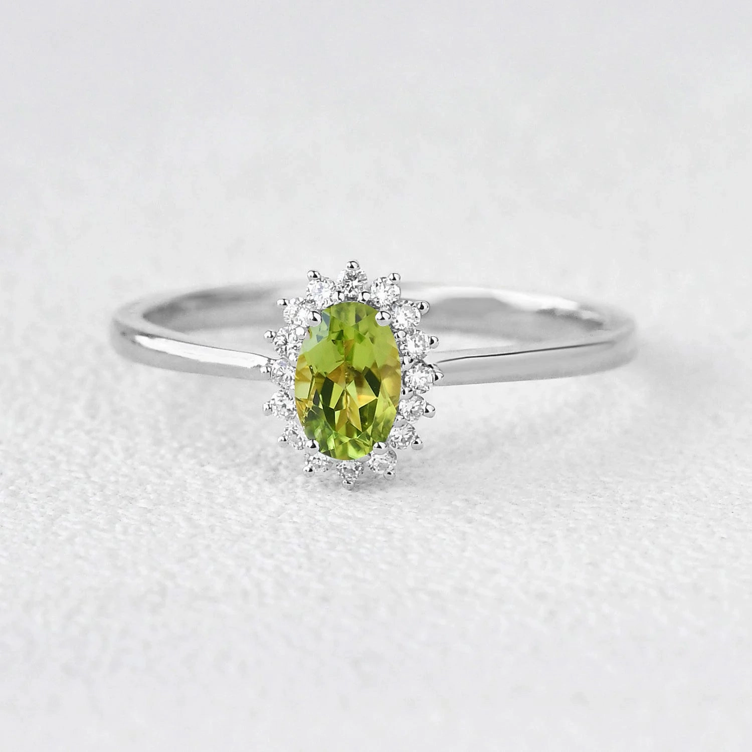 Oval Peridot & Moissanite Halo Engagement Ring Unique Gem Gift For All