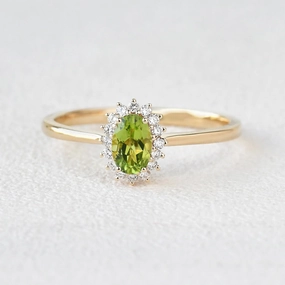 Classic Layers Evening Wear Oval Peridot & Moissanite Halo Engagement Ring