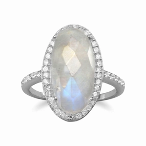 Oval Rainbow Moonstone Ring with Cubic Zirconia Halo Sterling Silver Low-Cost Accessory Laminated Layer