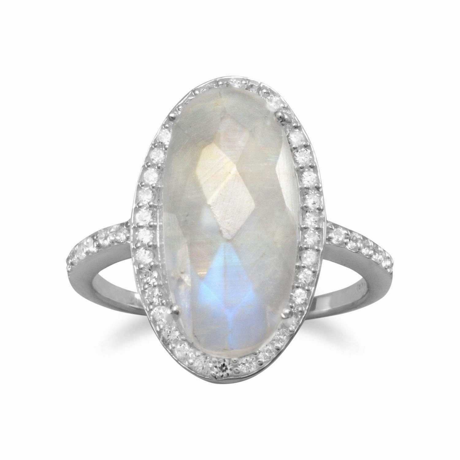 Durable Object Lightweight Build Oval Rainbow Moonstone Ring with Cubic Zirconia Halo Sterling Silver