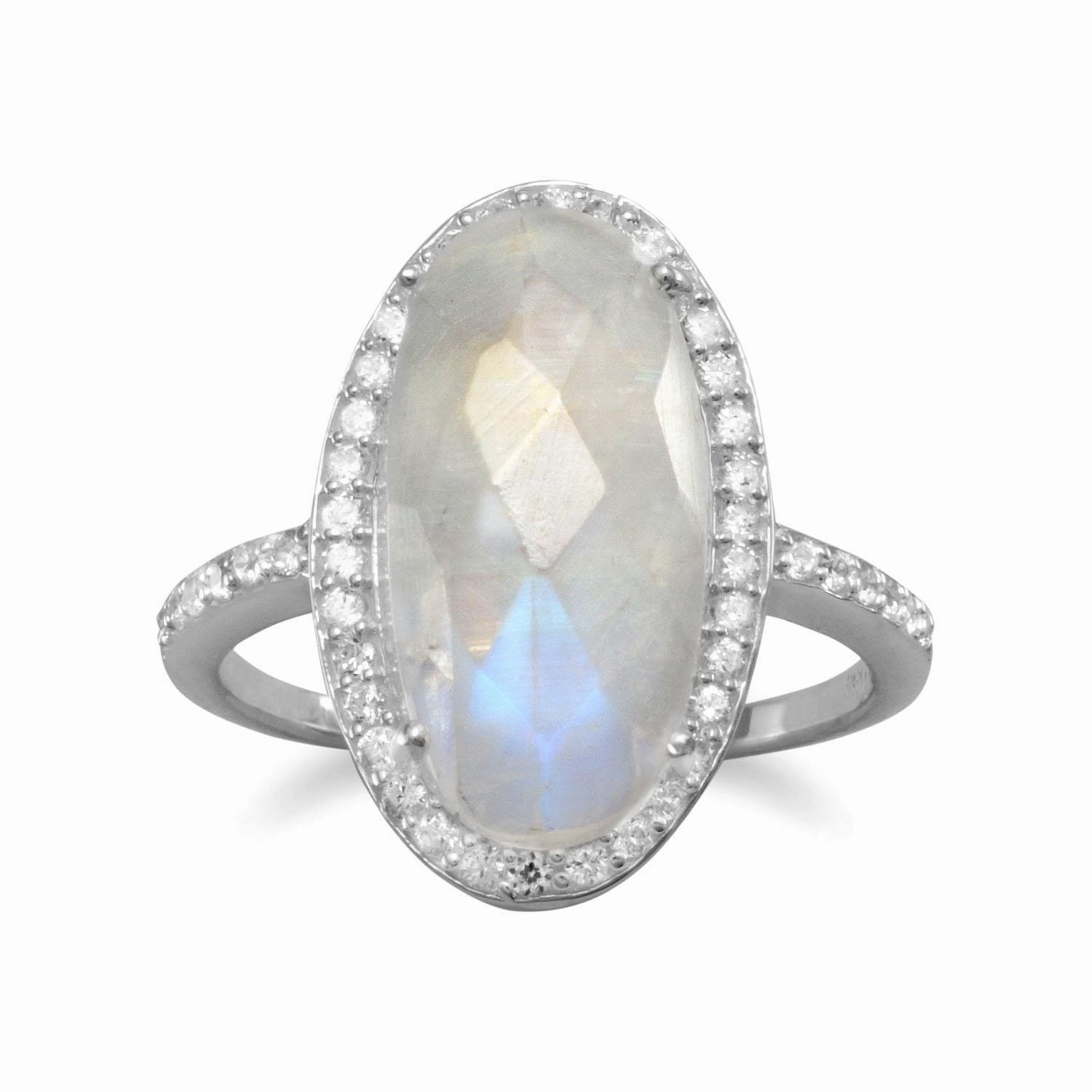 Value Embellishment Sleek Style Oval Rainbow Moonstone Ring with Cubic Zirconia Halo Sterling Silver
