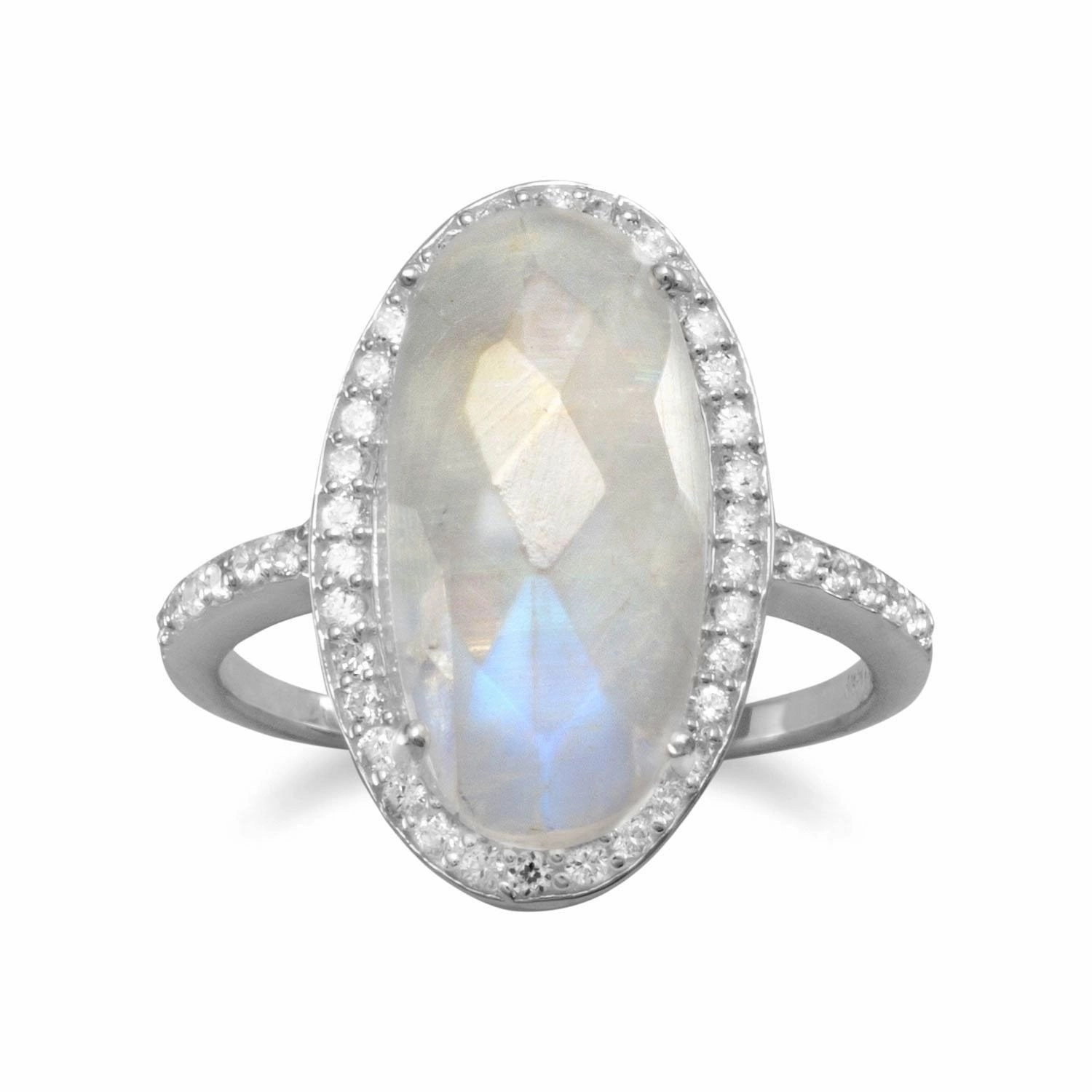 Oval Rainbow Moonstone Ring with Cubic Zirconia Halo Sterling Silver Universal Fit Rectangular Form