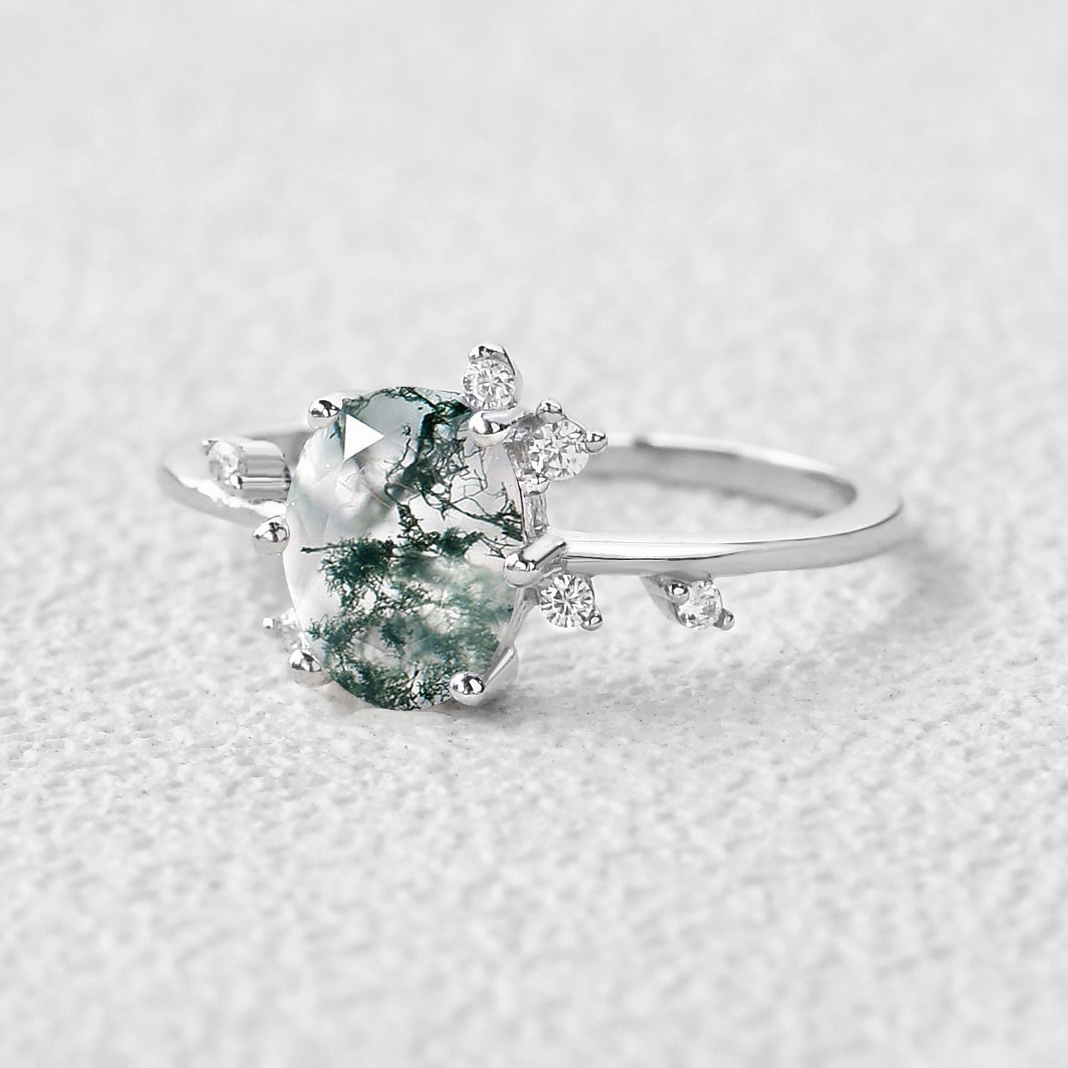 Oval Shaped Moss Agate Leaf Engagement Ring Trendy Look Neutral Vibe