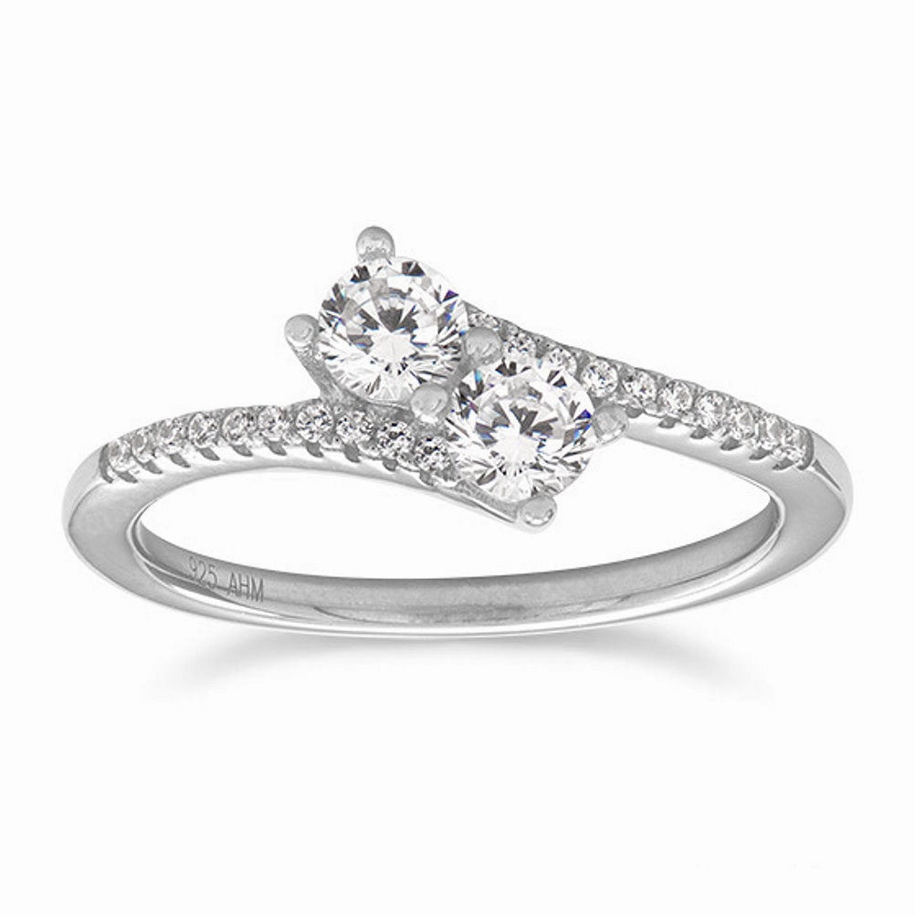 All Time Resilient Style Overlap Two Stone Cubic Zirconia Ring Rhodium on Sterling Silver and Side Stones