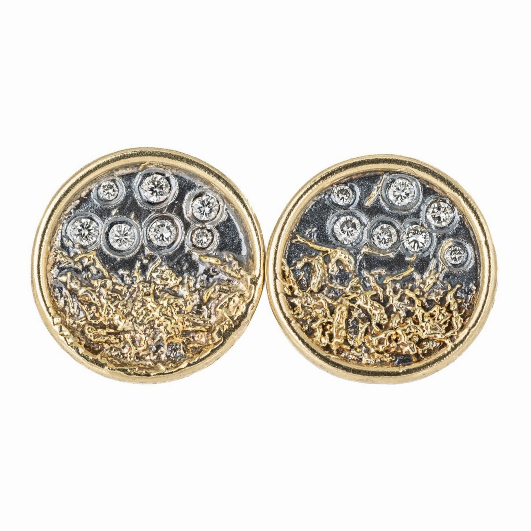Traveler's Coin Studs - 22ky gold dust, 18k Gold, Oxidized Silver   Reclaimed Diamonds Bohemian Embellishment Lovely Decoration