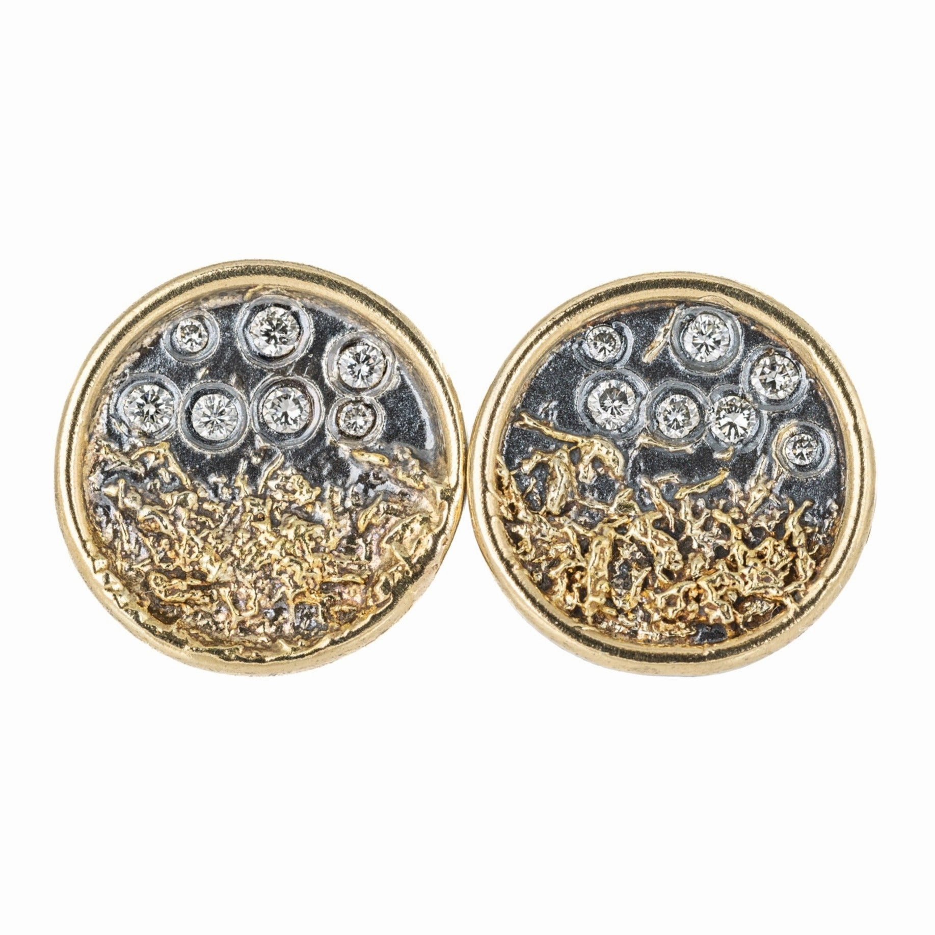 Traveler's Coin Studs - 22ky gold dust, 18k Gold, Oxidized Silver   Reclaimed Diamonds Pretty Product Glittery Jewelry