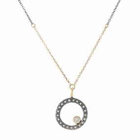 Modern Ornament Oxidized Silver Everyday Scattered Diamond Pendant on Two-Tone Chain - 14k Gold, Oxidized Silver   VS White Diamonds