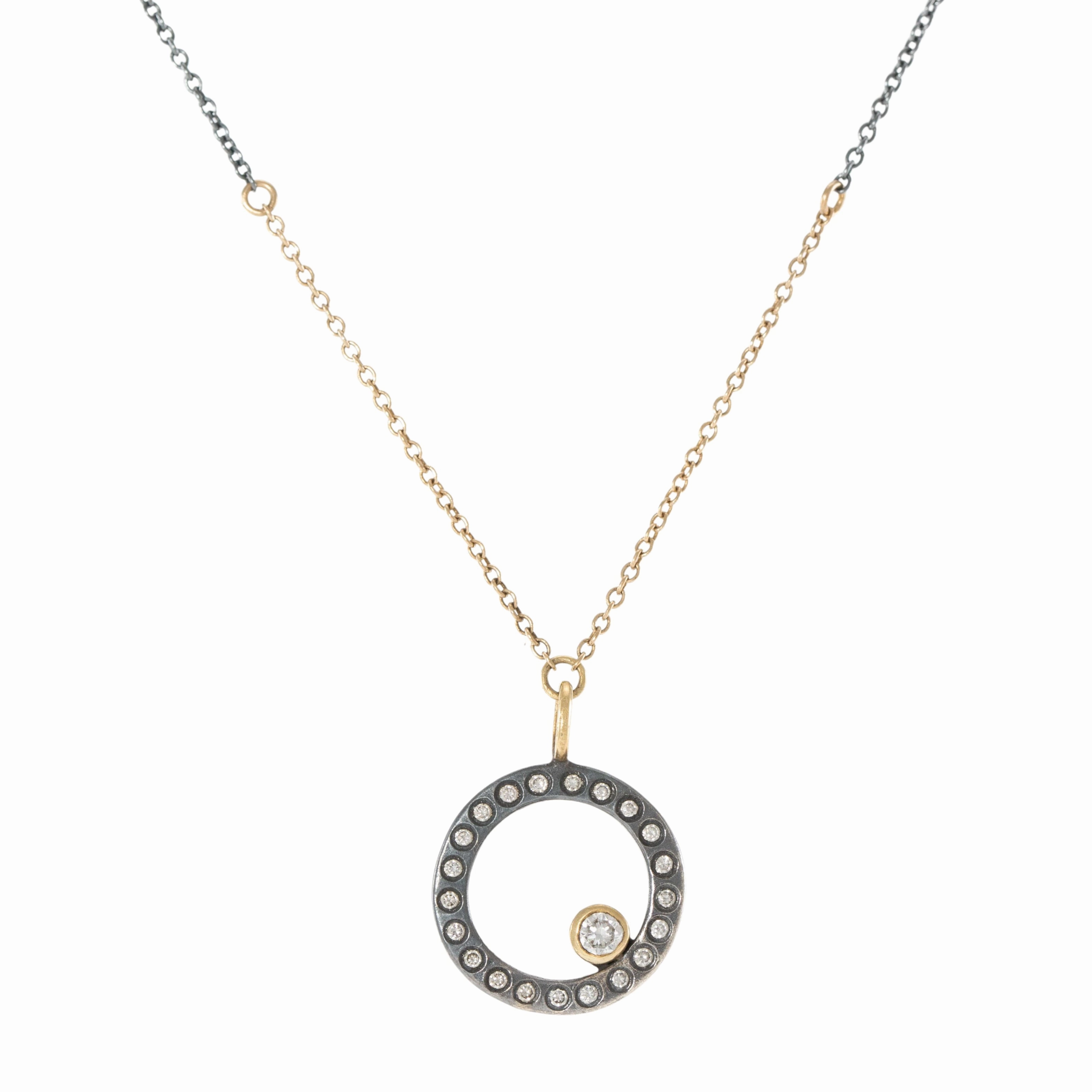 Modern Ornament Oxidized Silver Everyday Scattered Diamond Pendant on Two-Tone Chain - 14k Gold, Oxidized Silver   VS White Diamonds