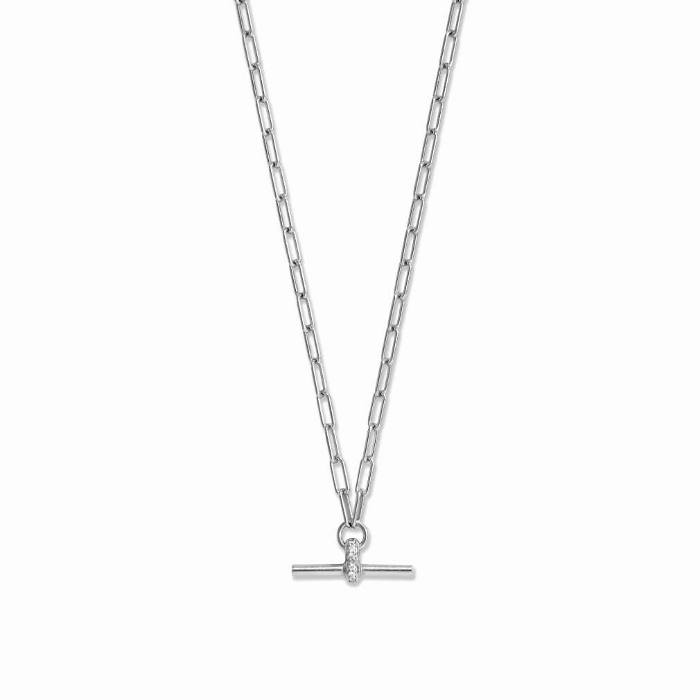 Paper Clip Chain Necklace with Toggle Bar Pendant Cubic Zirconia Rhodium on Sterling Silver Radiant Embellishments Structured Shape