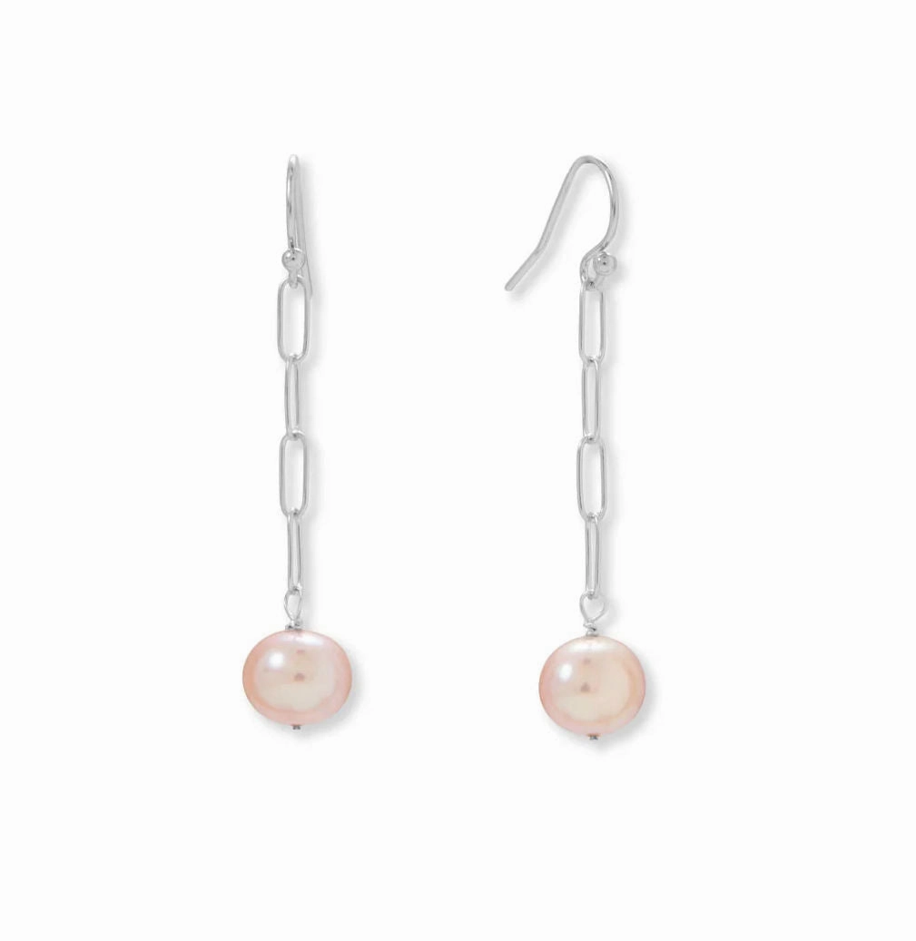 Paperclip Chain Cultured Freshwater Pearl Drop Earrings Sterling Silver - Limited Edition Charming appeal