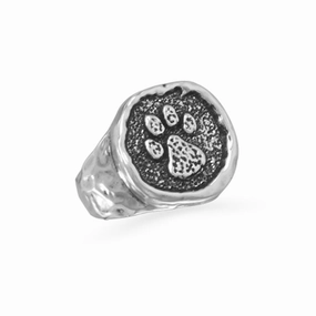 Event Accessory Paw Print Ring Textured Hammered Antique Finish Sterling Silver
