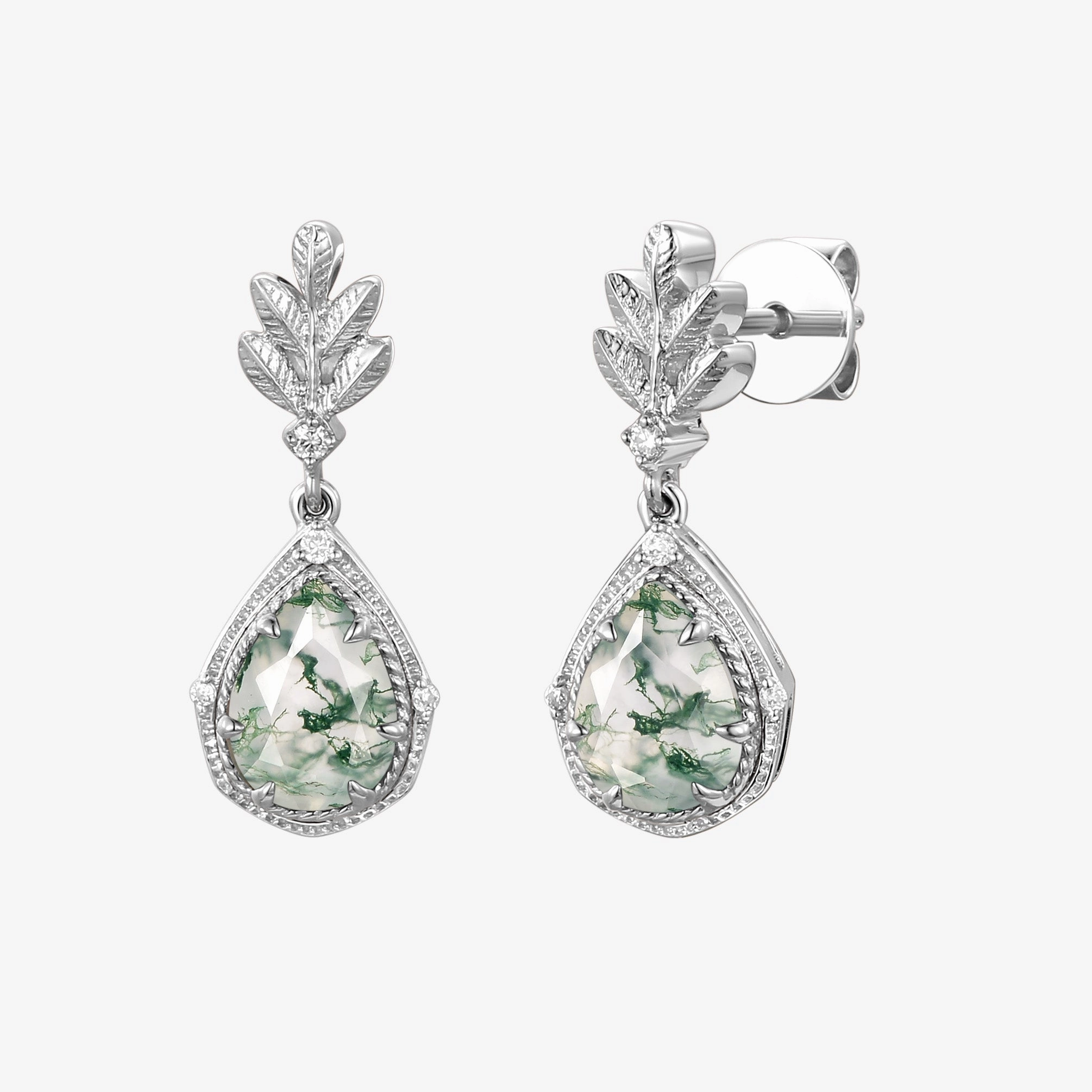 Pear Moss Agate & Moissanite Leafy Earrings Minimal Spark Colorful Glow